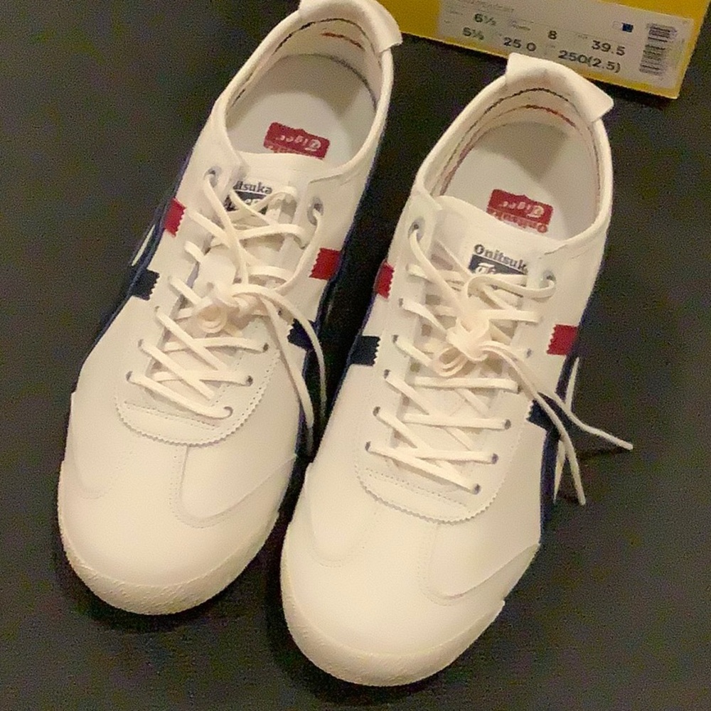 Onitsuka Tiger by Asics White and Blue Sneakers with Bold Stripe Design